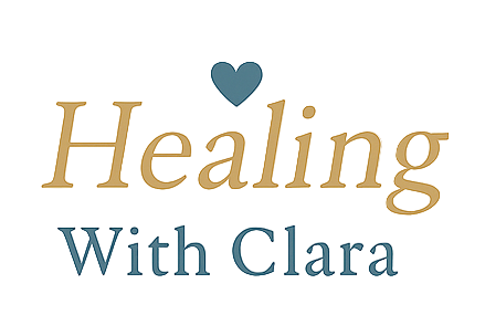 Logo for 'Healing With Clara' with a heart symbol above the text on a white background.
