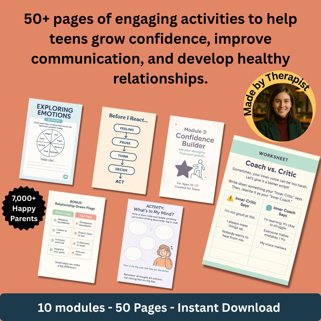 🌱 Teen Therapy Toolkit – Confidence Journal, Emotional Check-Ins & Worksheets